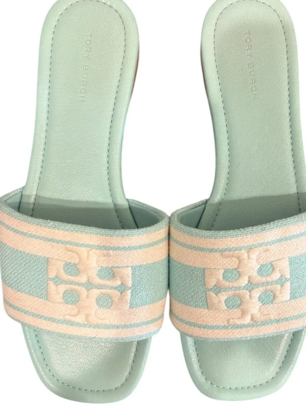 Tory Burch Teal Turquoise Jacquard Sandals Slides 7.5